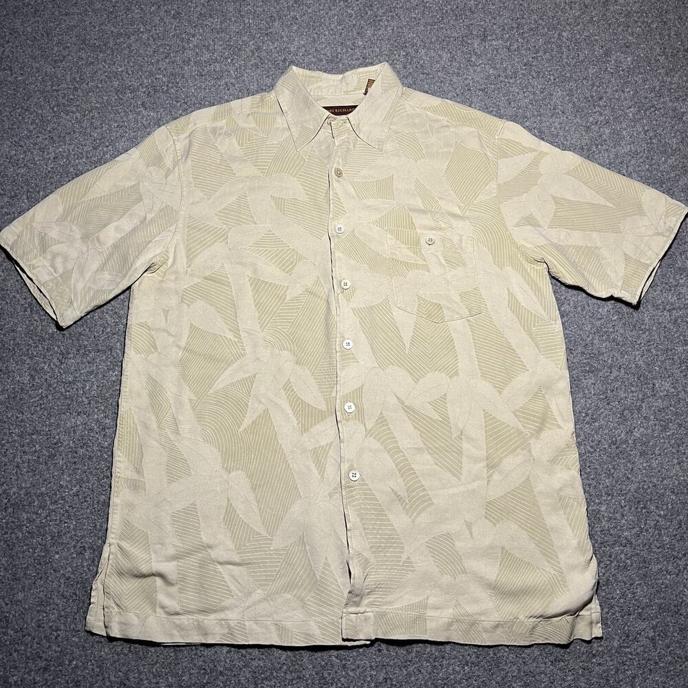 Tori Richard Shirt Mens Medium Beige Hawaiian Silk Camp Beach Tiki Short Sleeve